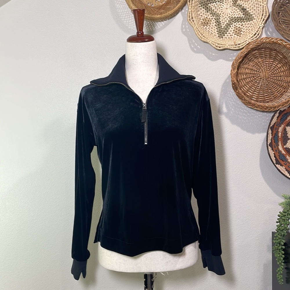 Spanx Velvet Half Zip Pullover Top Size Medium Black Lounge Sweatshirt Pullover